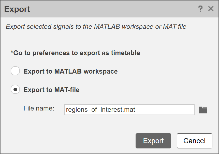 "Export" dialog with the option "Export to MAT file" selected.