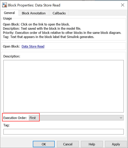 Block Properties dialog box for the Data Store Read block.