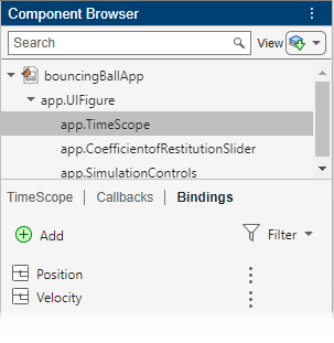 Component Browser in App Designer. The app.TimeScope component is selected and the Bindings pane is visible. The pane lists two signals: Position and Velocity.