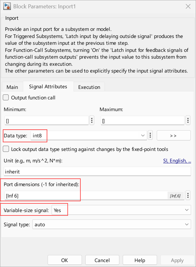 Parameter settings in the Signal Attributes tab of the Inport1 block.