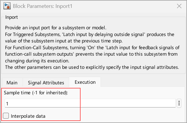 Parameter settings in the Execution tab of the Inport1 block.