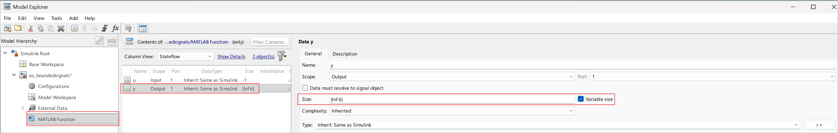 MATLAB Function block configuration to handle unbounded variable-size signals.