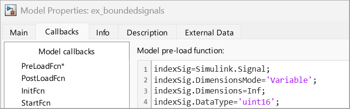 In the PreLoadFcn section of the Callbacks tab, the Simulink signal object is configured as an unbounded variable-size signal.