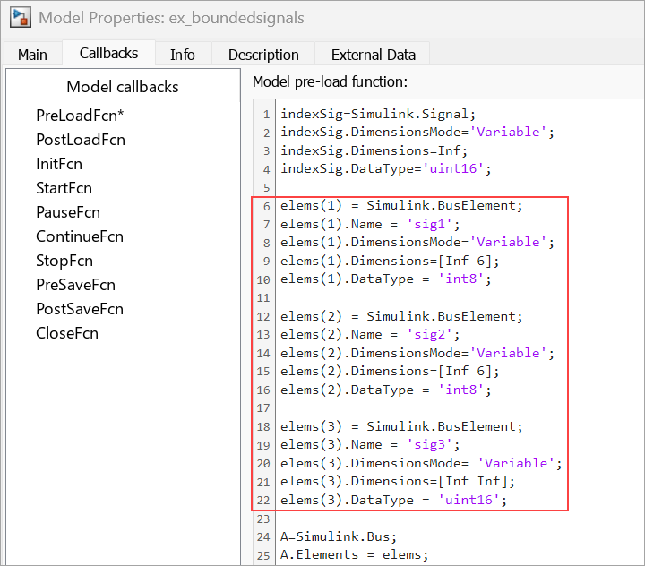 In the PreLoadFcn section of the Callbacks tab, the Simulink bus elements are configured as unbounded variable-size signals.