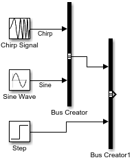 First Bus Creator block and third source block connected to another Bus Creator block