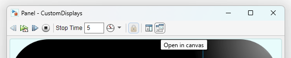 Toolbar at the top of the panel open in its own window, with the tooltip Open in canvas displayed below the rightmost button