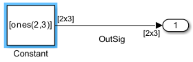 The model shows compiled port dimensions of a nonbus signal.