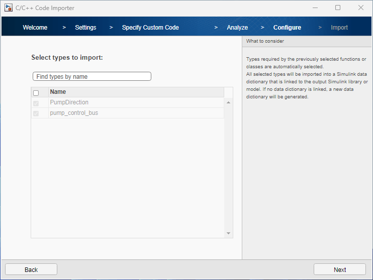 Select types to import.