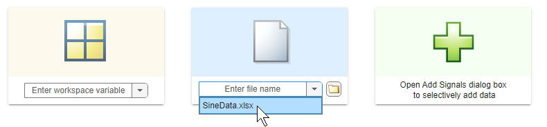 In the Add signals to file option for adding data, the SineData.xlsx file is chosen from the drop-down list