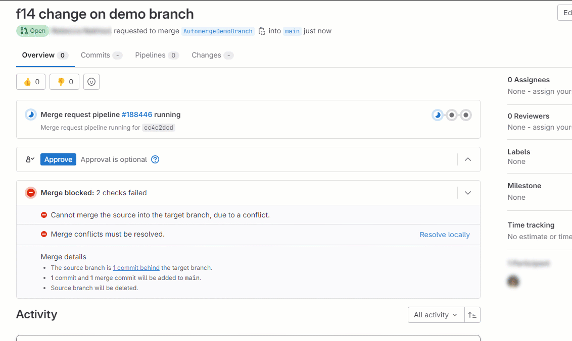 Gif showing merge request with conflicts getting cleared by automerge