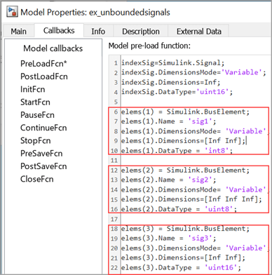 Simulink Bus Elements configured to support unbounded variable-size signals