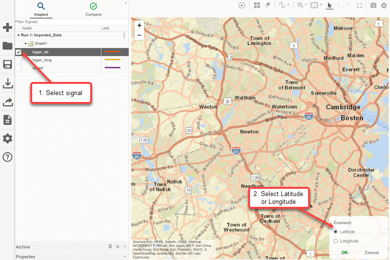 To plot a route, select a signal from the signal table. Then, in the Connect dialog box, select Latitude or Longitude.