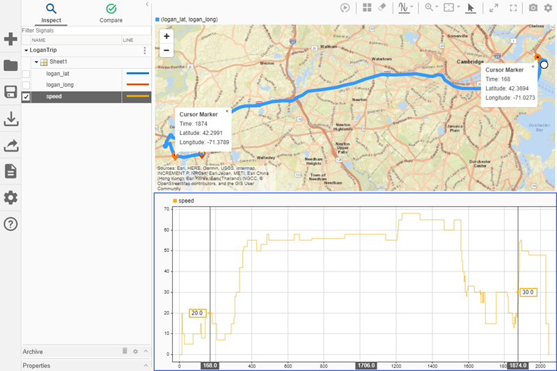 Two cursors are added to the time plot. In the map, there are two corresponding orange markers.