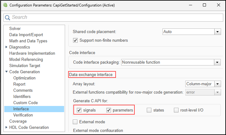 Configuration Parameters dialog box. The Code Generation > Interface pane is open. In the Generate C API for section, the states and parameters boxes are selected.