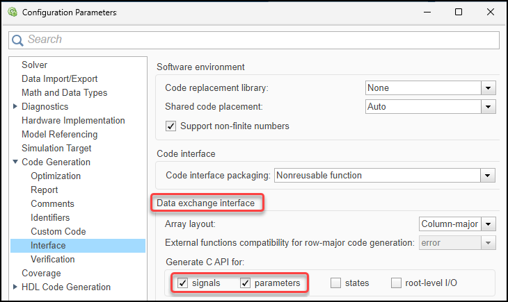 Configuration Parameters dialog box. The Code Generation > Interface pane is open. In the Generate C API for section, the signals and parameters boxes are selected.