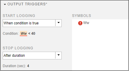 Output triggers start and stop logging settings