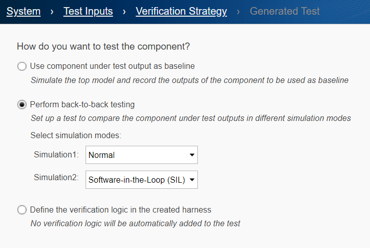 Verification Strategy tab with perform back-to-back testing selected.