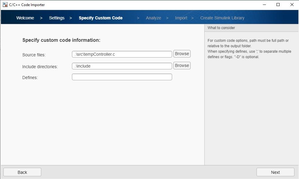 Custom code importer wizard tab for specifying source files, include directories, and defines