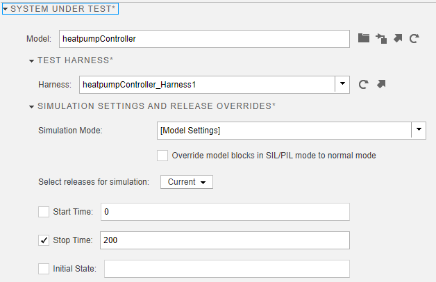 Simulink Test Manager with stop time set to 200