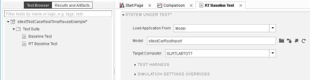 Test Manager system under test setup for loading application, model name, and targer computer