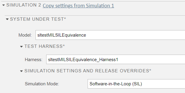 Test Manager with simulation two set for software-in-the-loop mode