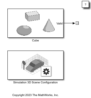 Simulink model with Simulation 3D Actor block named cube and Simulation 3D Scene Configuration block.