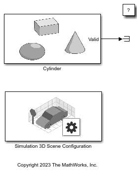 Simulink model with Simulation 3D Actor block named cylinder and Simulation 3D Scene Configuration block