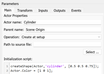 The block parameter dialog box of the Simulation 3D Actor block shows parameters and the initialization script.