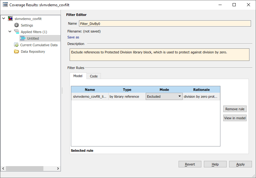 Filter Editor pane with the filter name, description fields and filter rule rationale set