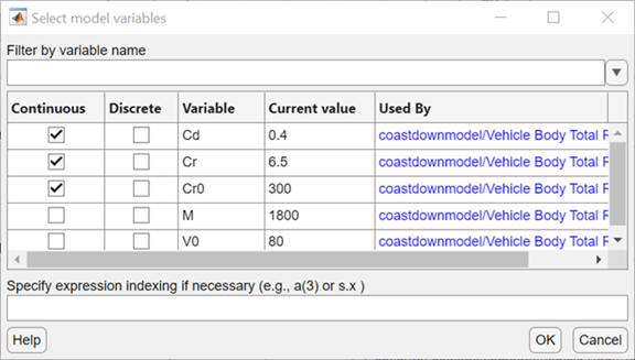 Select model variables dialog box with Cd, Cr, and Cr0 selected as Continuous variables