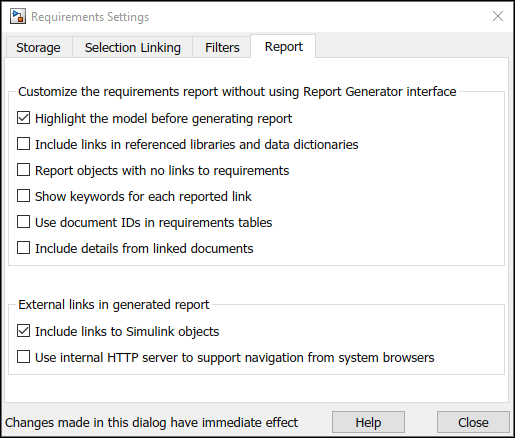 The Requirements Settings dialog. The Highlight the model before generating report options and Include links to Simulink objects options are selected.