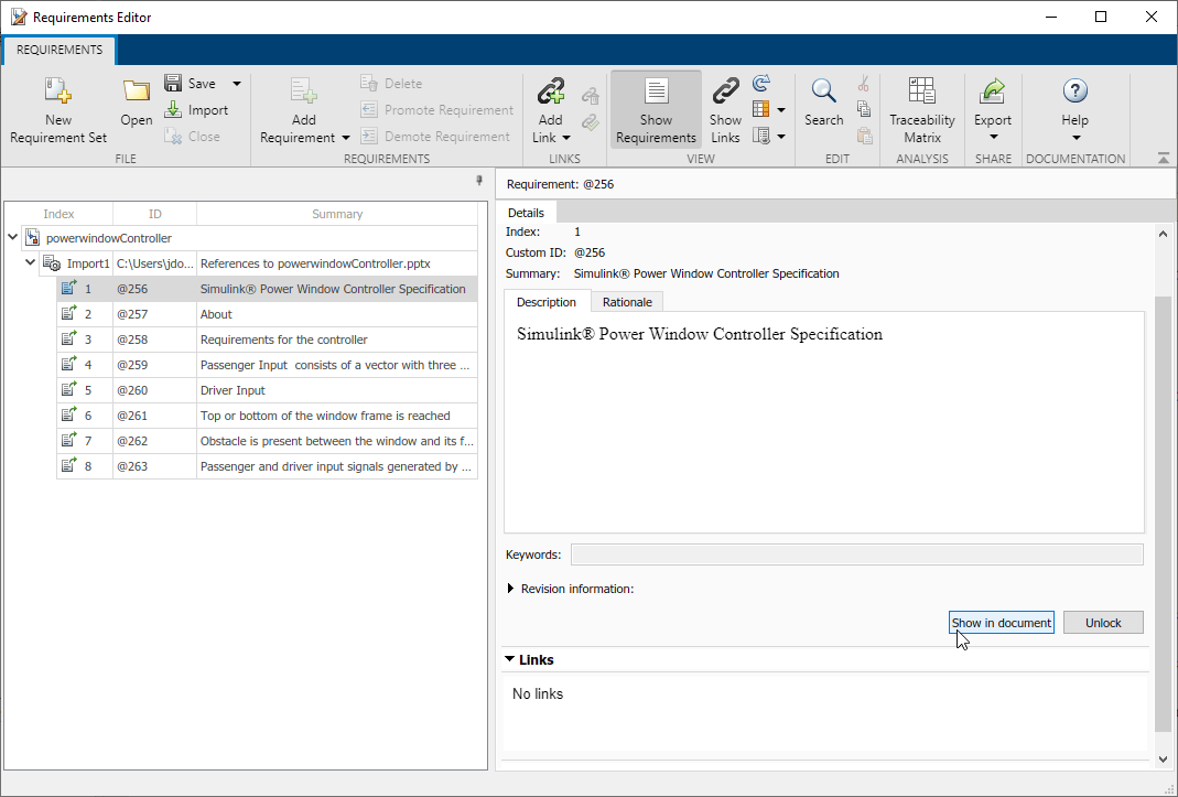 The Requirements Editor shows the imported Requirement set with eight requirements