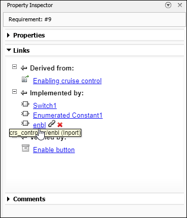 In the Property Inspector, the mouse points to the enbl block under Links.