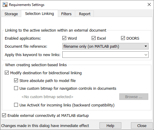 The Requirements Settings window is shown with the specified settings selected