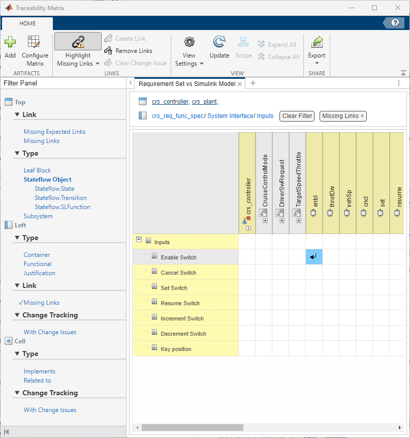 The traceability matrix with missing links highlighted. The Enable Switch requirement and enbl block display a link.
