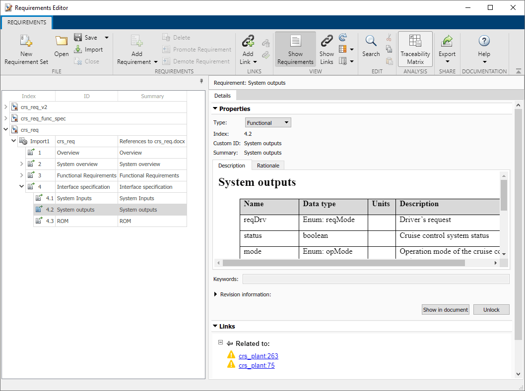 The Requirements Editor has the System outputs requirement selected. The right pane has the Properties and Links sections are expanded