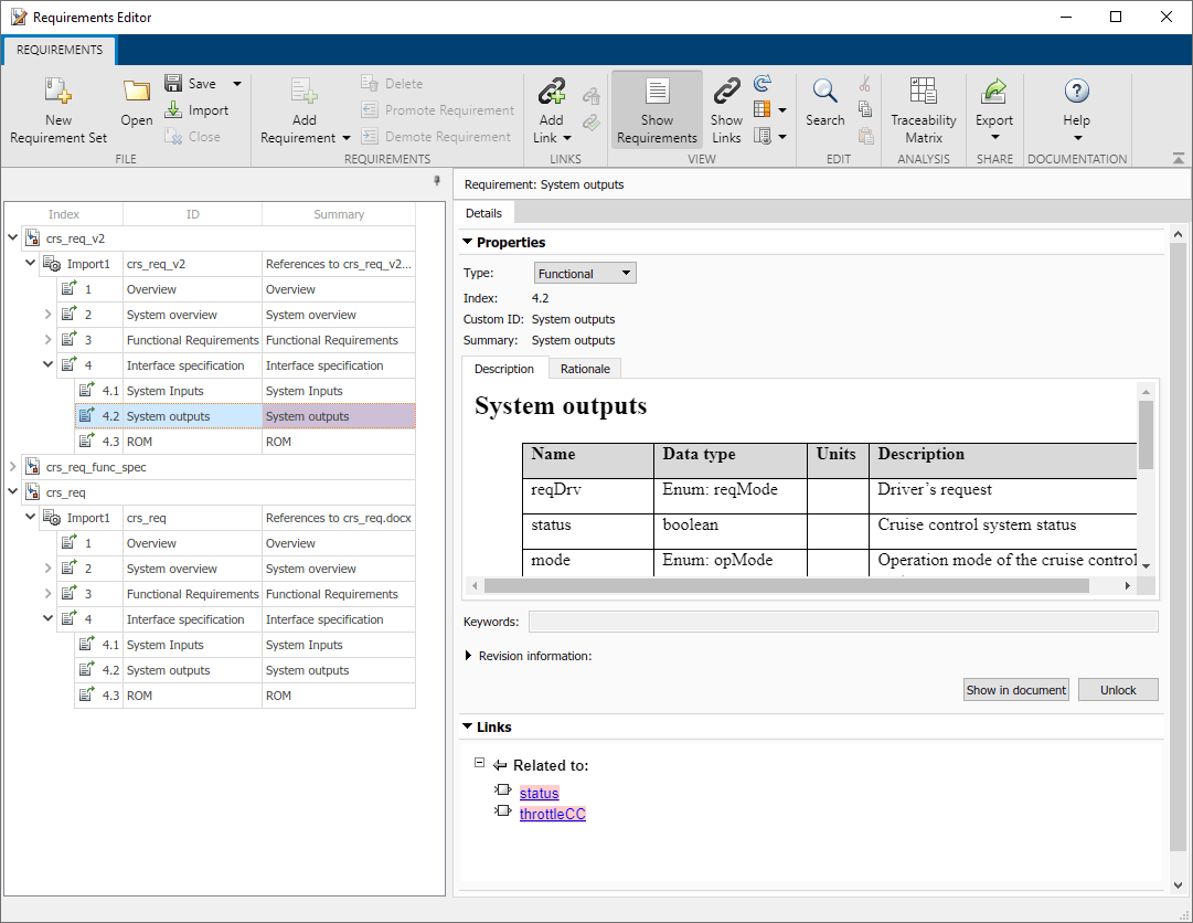The Requirements Editor has the system outputs requirement selected. The Properties and Links sections are expanded and the links are resolved