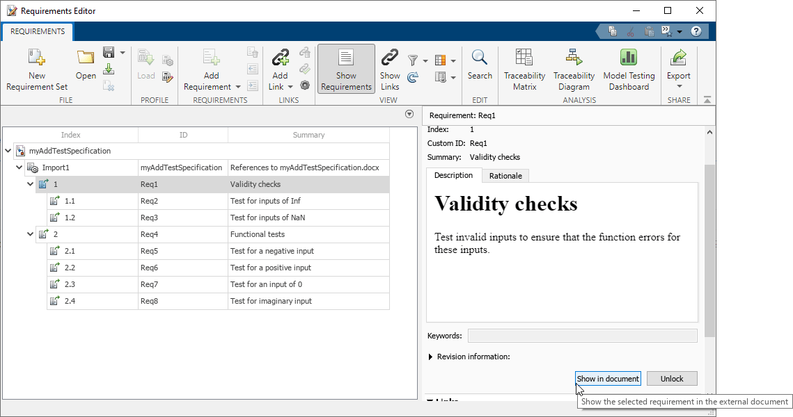 The mouse points to the Show in document button in the right pane, under Properties. The tooltip says "Show the selected requirement in the external document."