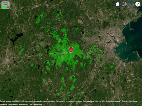 Transmitter site and coverage map displayed over satellite imagery