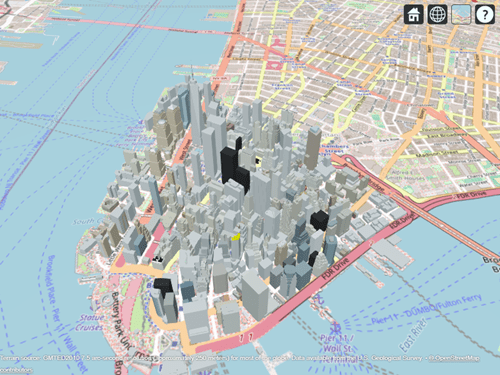3-D buildings displayed over an OpenStreetMap basemap