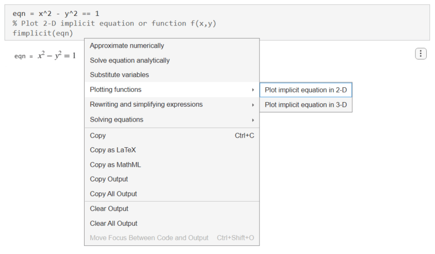 Selecting Plotting functions and Plot implicit equation in 2-D in the suggestion menu