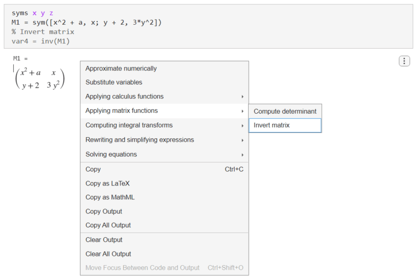 Selecting Applying matrix functions and Invert matrix in the suggestion menu