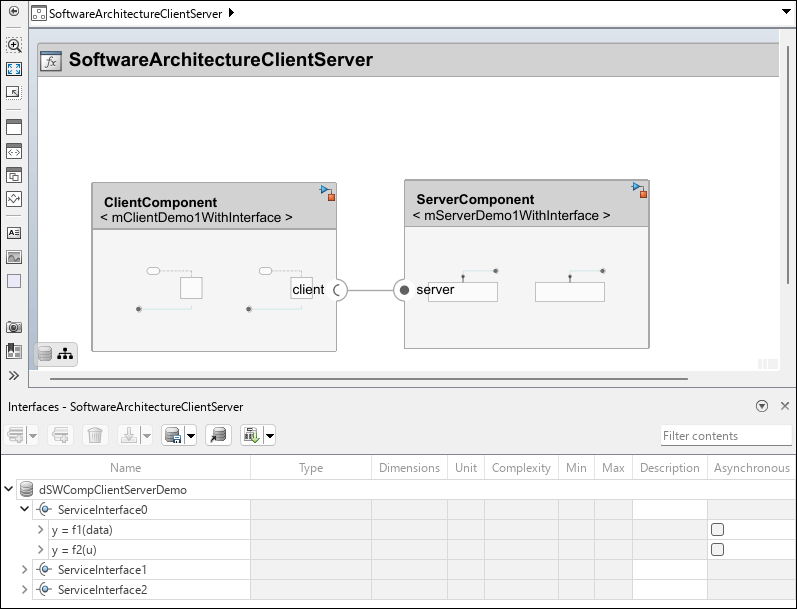 A software architecture model called SoftwareArchitectureClientServer. The architecture has two components, ClientComponent and ServerComponent. The Interface Editor is open with the service interface ServiceInterface0 selected and the client and server ports in the model highlighted.