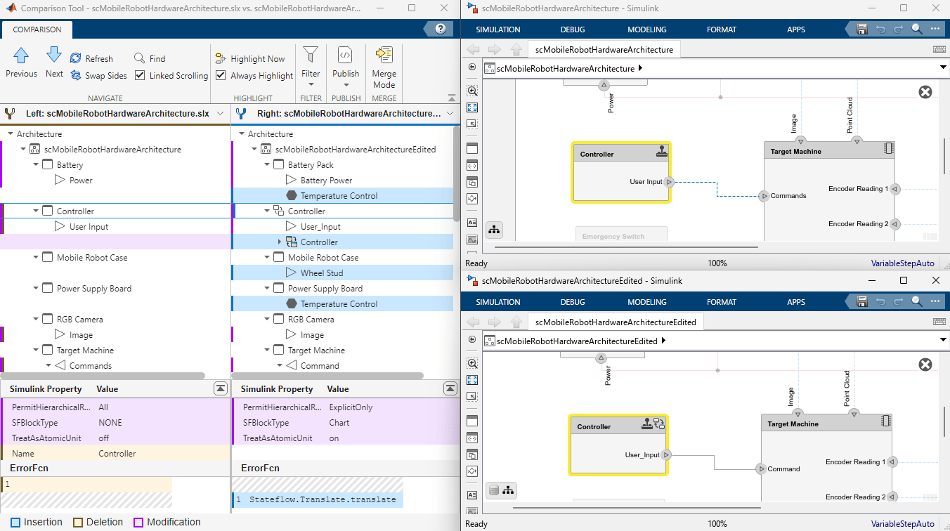 A comparison report is on the left and the compared architecture models are opened on the right.