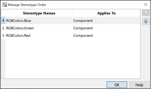 Manage Stereotype Order dialog box with stereotypes ordered from top to bottom as Blue, Green, and then Red, with Blue highlighted.