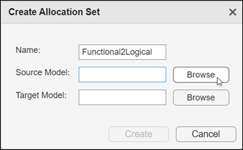 Create Allocation Set dialog box with name specified as Functional to Logical.