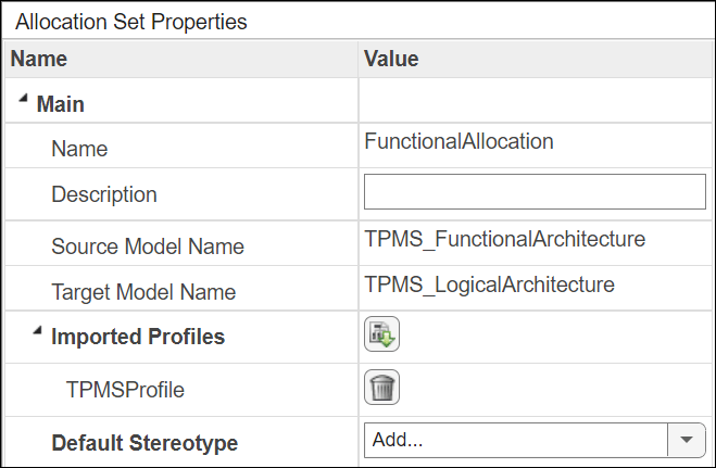 Allocation Set Properties tab with profile TPMSProfile imported into the allocation set.