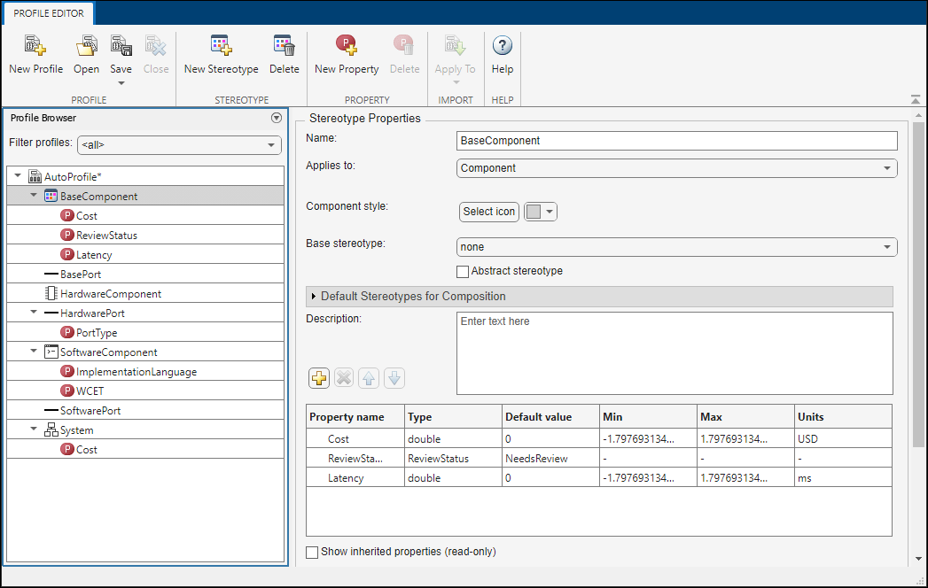 Profile Editor stereotypes and properties.