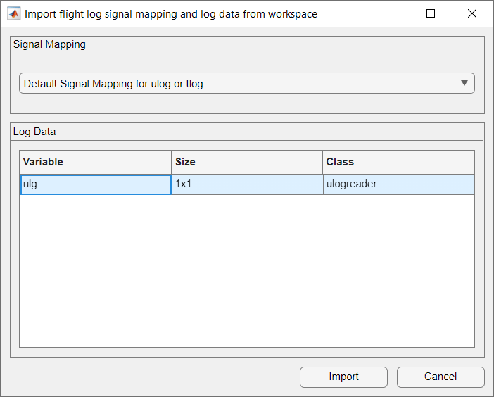 Import dialog box with Signal Mapping set to default and ulg ulogreader object selected in Log Data
