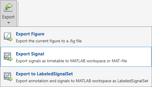 Export dropdown menu with Export Figure, Export Signal, and Export to LabeledSignalSet options